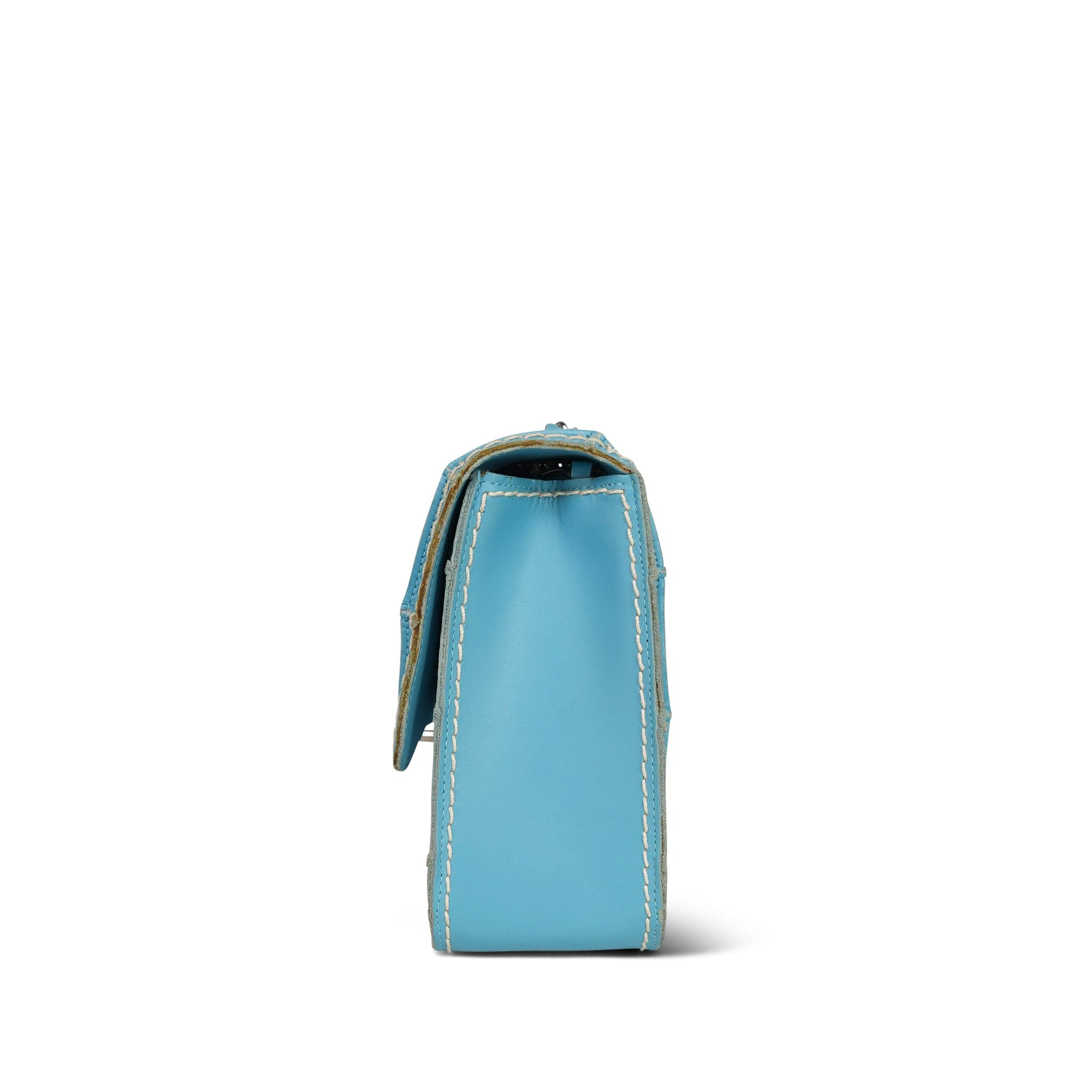 Blue Reverse Stitch Calfskin Quilted Single Flap Bag Silver