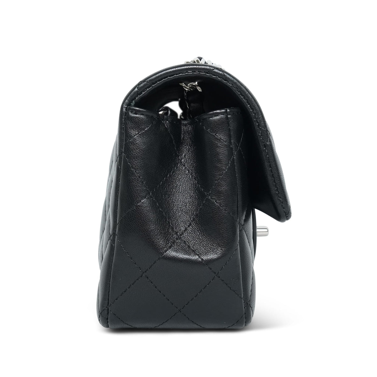 Black Lambskin Quilted Mini Rectangular Flap Silver Hardware