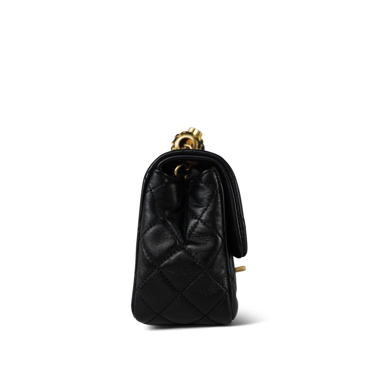 Black Lambskin Quilted Pearl Crush Mini Aged Gold Hardware
