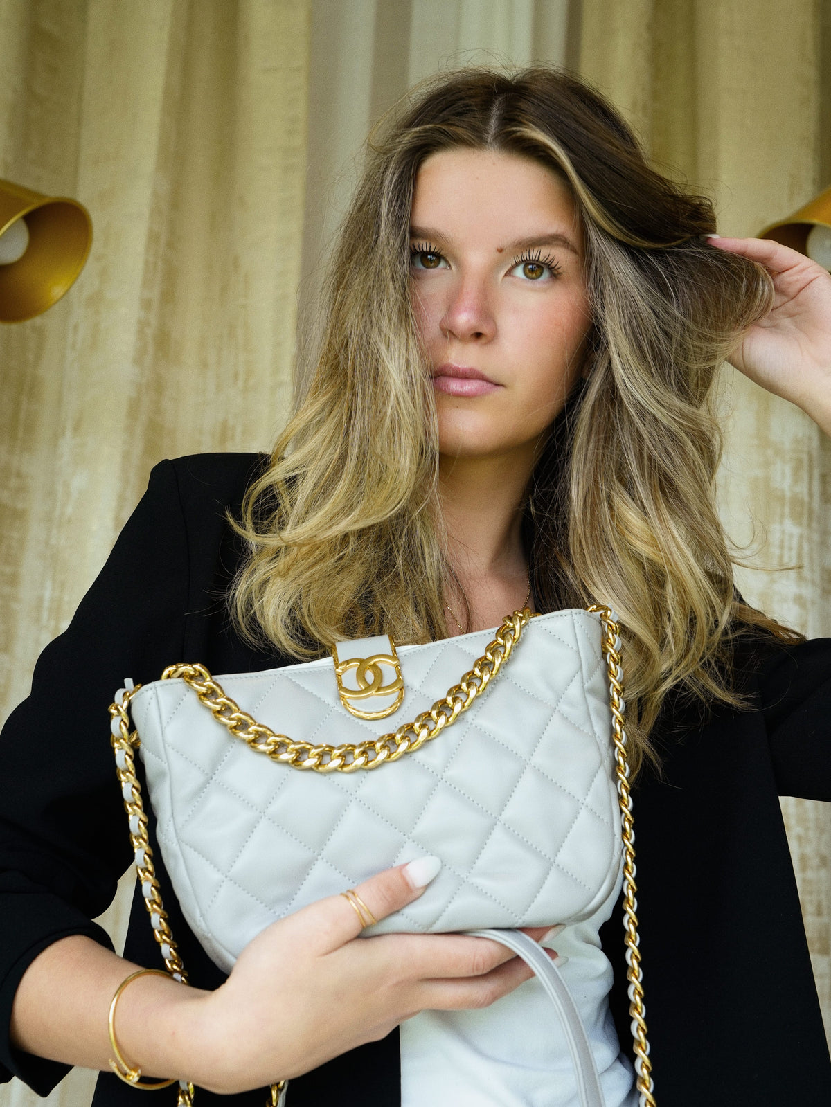 Grey Lambskin Quilted Hobo Chain Bag Aged Gold Hardware