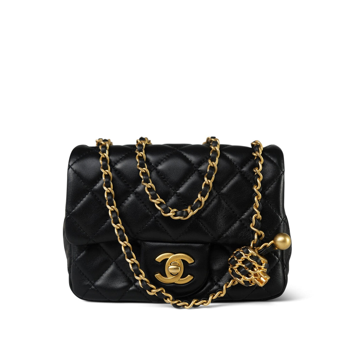 Black Lambskin Quilted Pearl Crush Mini Aged Gold Hardware