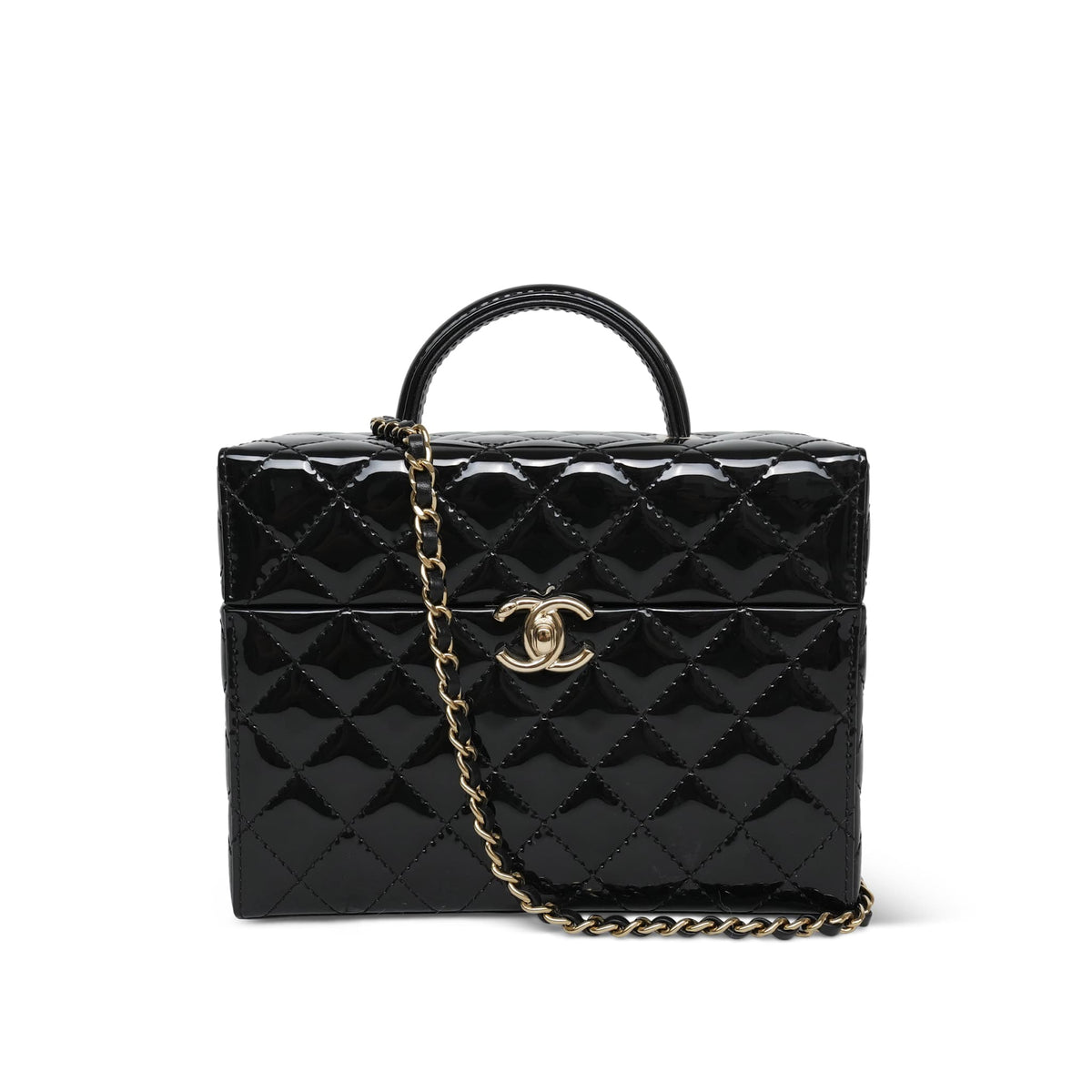 Black Patent Quilted Top Handle Box Vanity On Chain LGHW