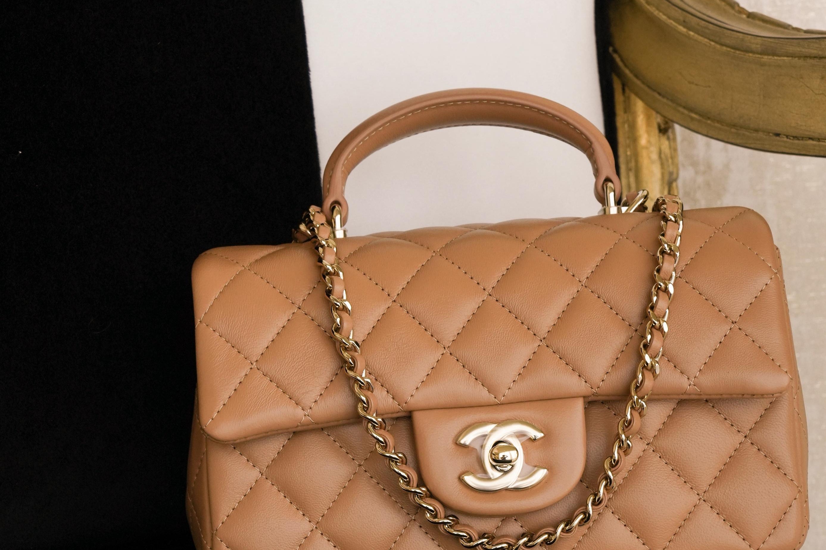 Product image 14 of 16: Caramel Lambskin Quilted Mini Top Handle Light Gold Hardware