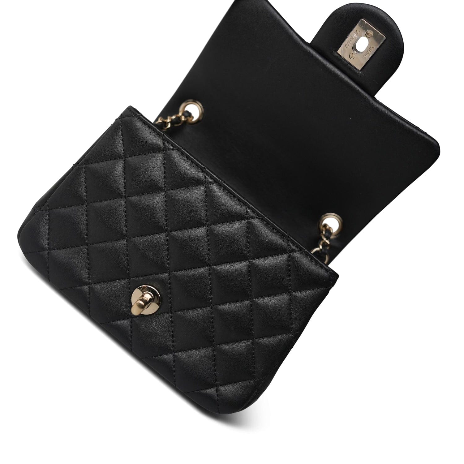 Black Lambskin Quilted Pearl Crush Mini Square Flap Light Gold