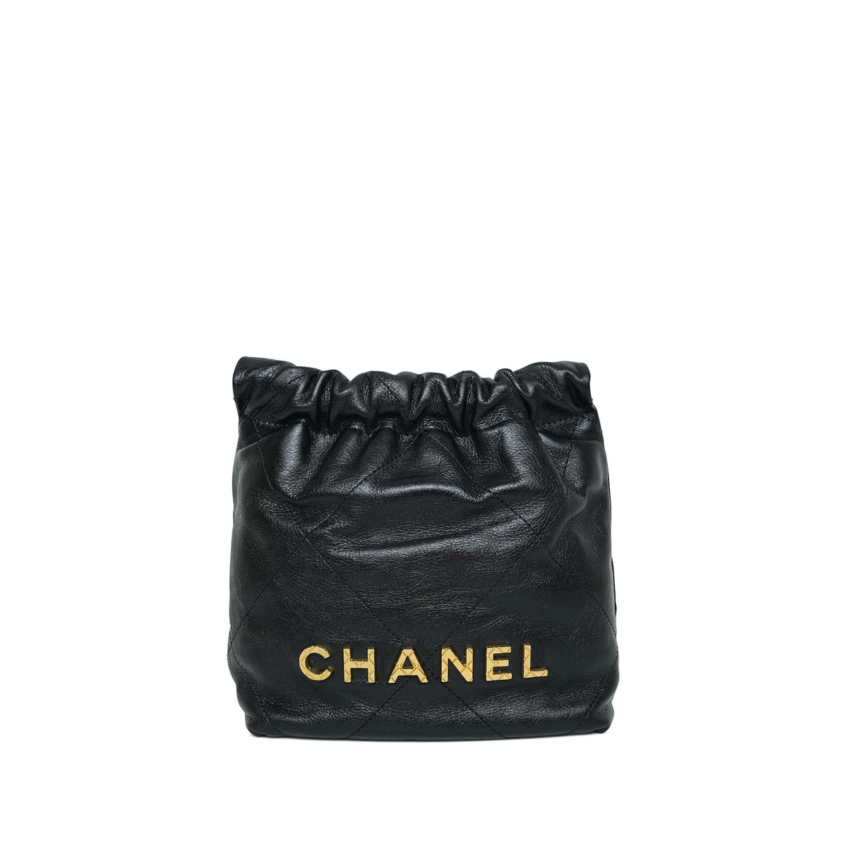 Black Crumpled Calfskin Quilted Mini 22 Pearl Strap Hobo Bag Aged Gold Hardware