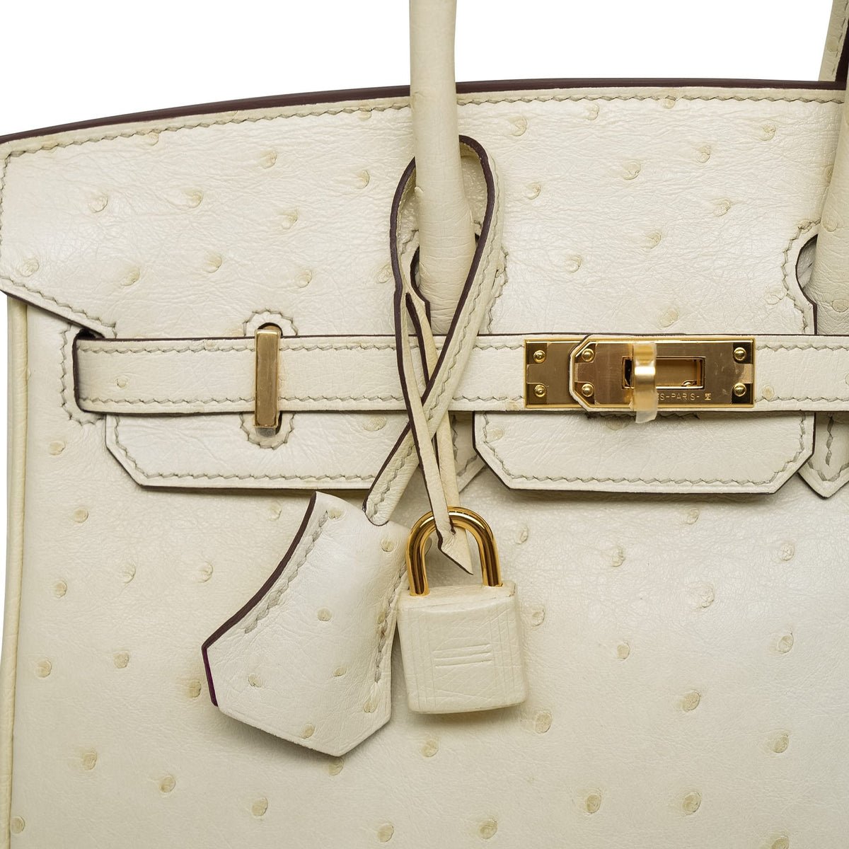Birkin 25 Bi-Color Horseshoe (HSS) Nata Ostrich/Rose Pourpre Gold Plated U Stamp