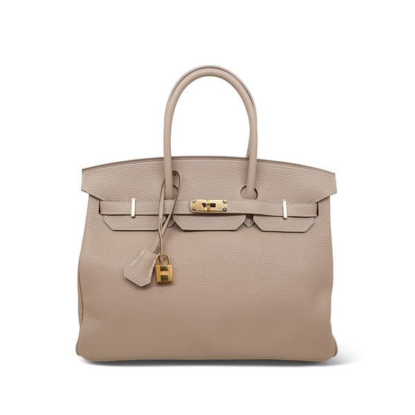 HERMES ベージュ グレー編み込みウェッジサンダル 35 巾着袋、箱付き Birkin 35 Argile Clemence Gold Plated Q Square Stamp – REDELUXE