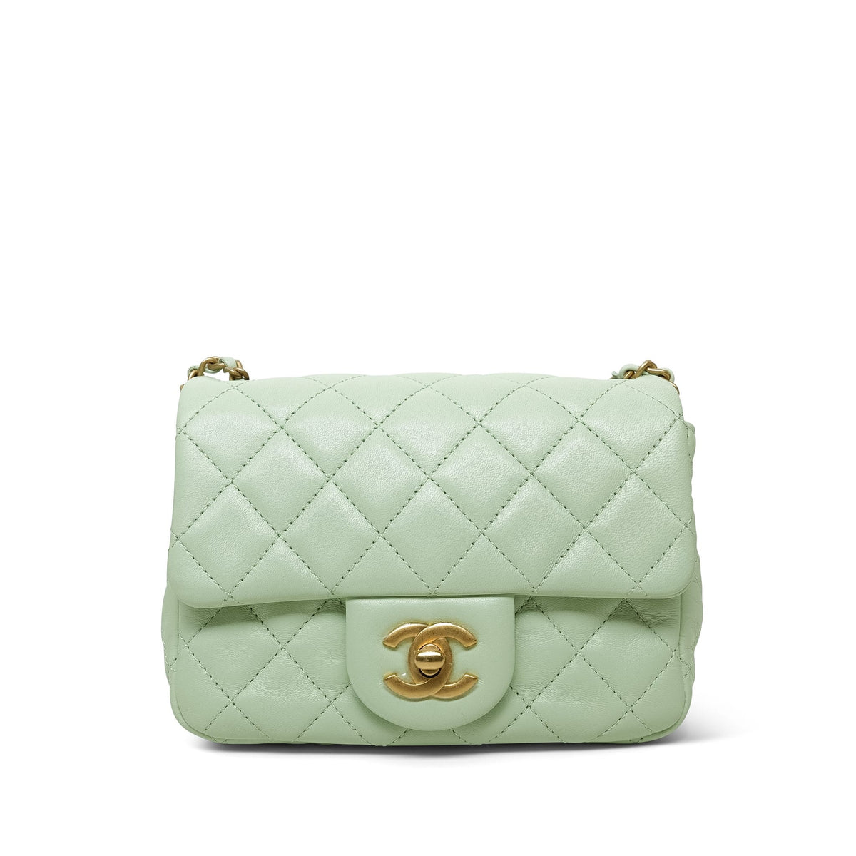 Light Green Lambskin Quilted Pearl Crush Mini Square Flap AGHW