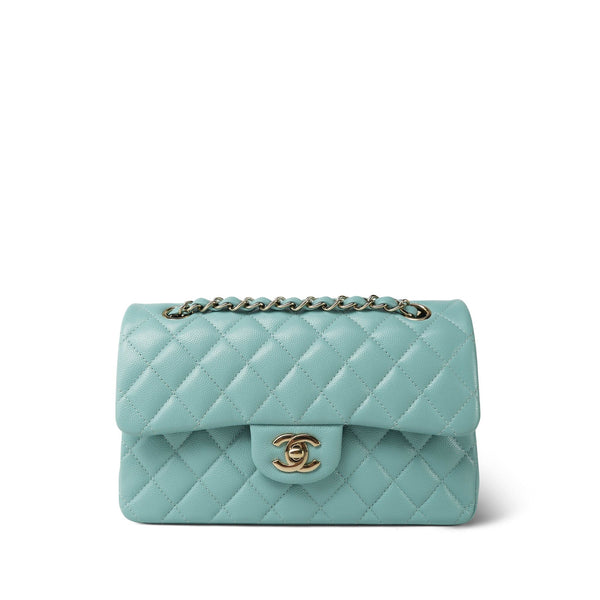 20C Tiffany Blue Caviar Quilted Classic Flap Small Light Gold