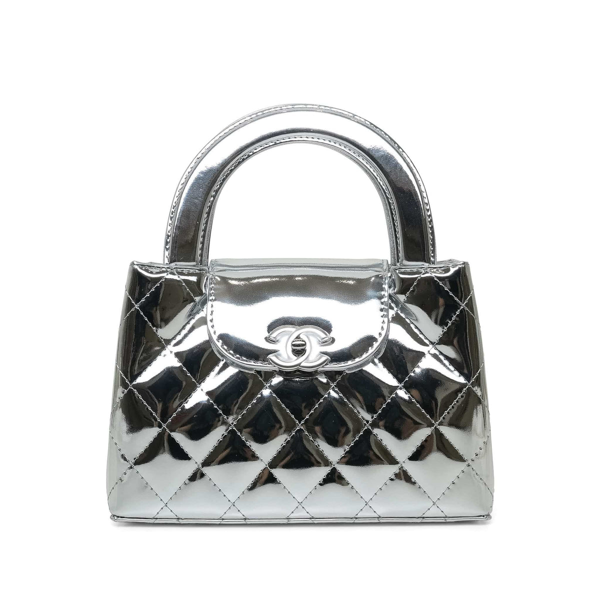 26C Silver Metallic/Mirror Calfskin Quilted Kelly Shopper Small Silver Hardware