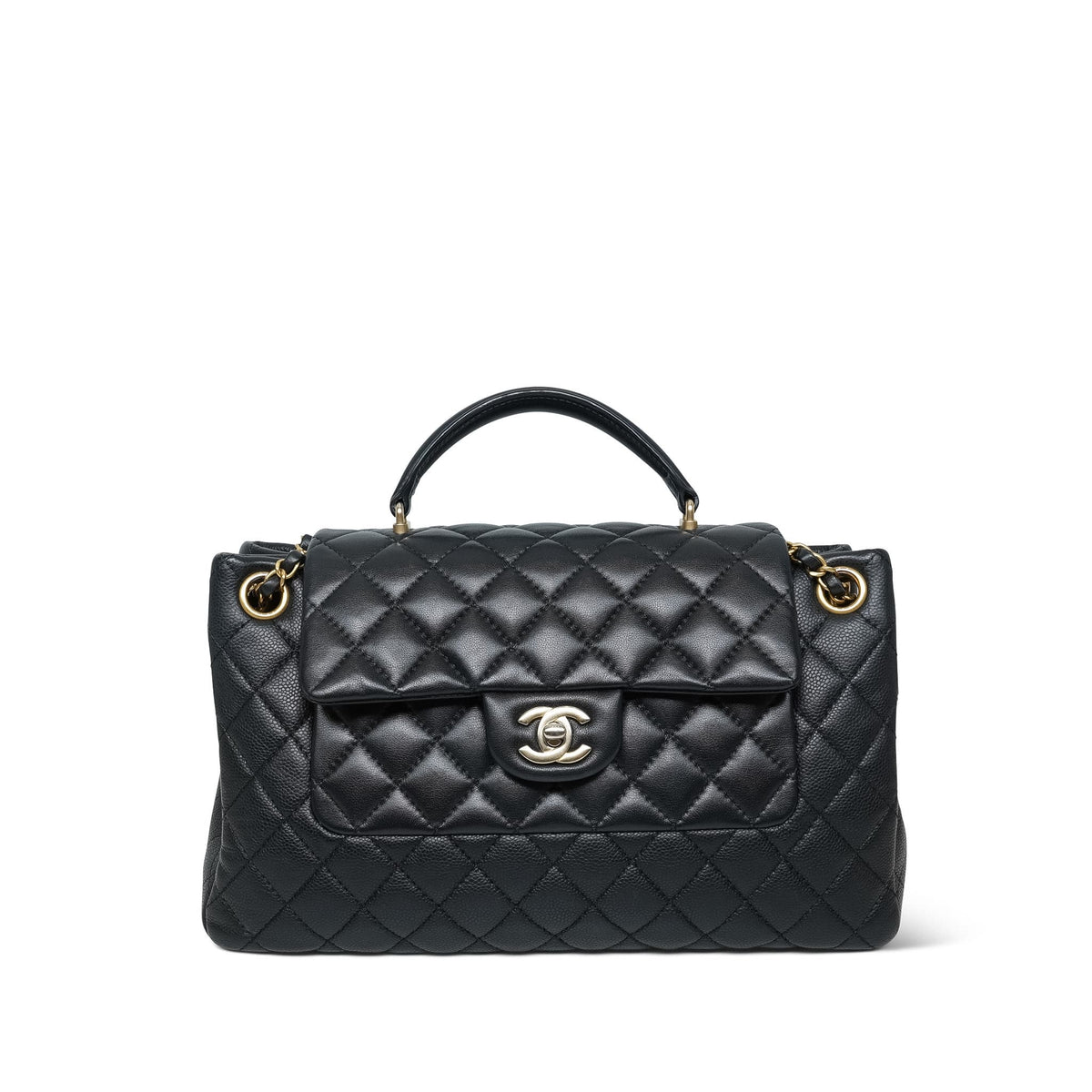 Black Caviar/Lambskin Mini Top Handle Tote Aged Gold Hardware
