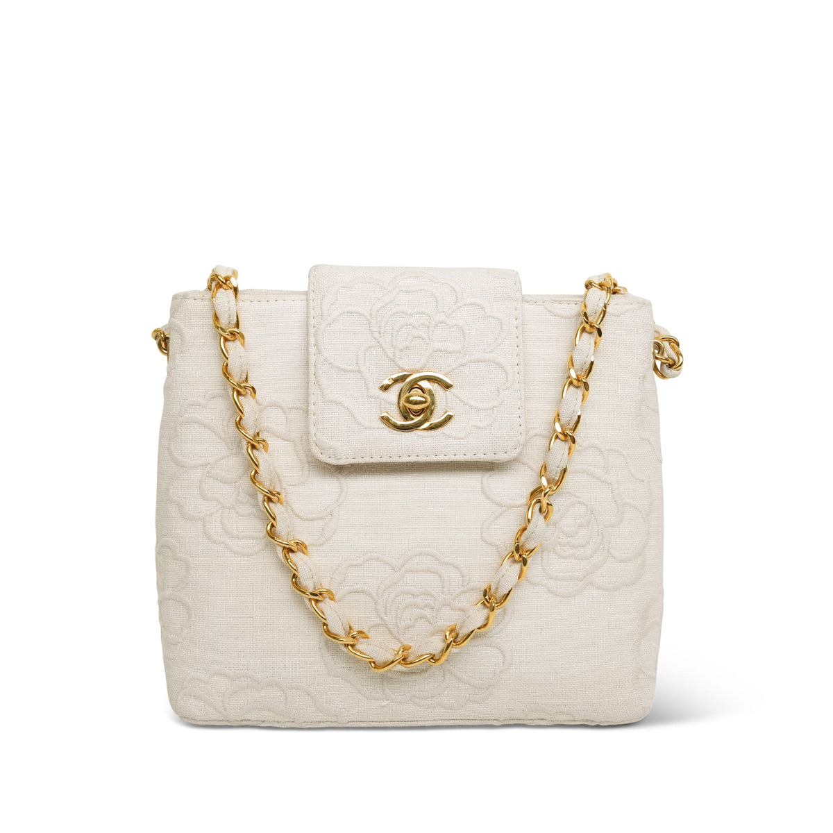 Ivory Canvas Camellia Bucket Bag GHW
