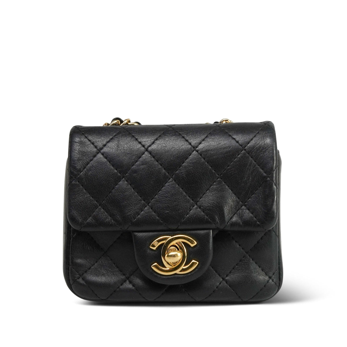 Black Lambskin Quilted Micro Coin Purse With Chain Gold Hardware