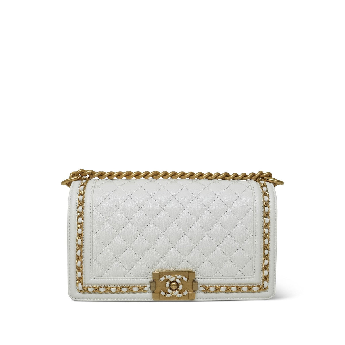 23P White Caviar Quilted Old Medium Chain Around Boy Bag Aged Gold Hardware