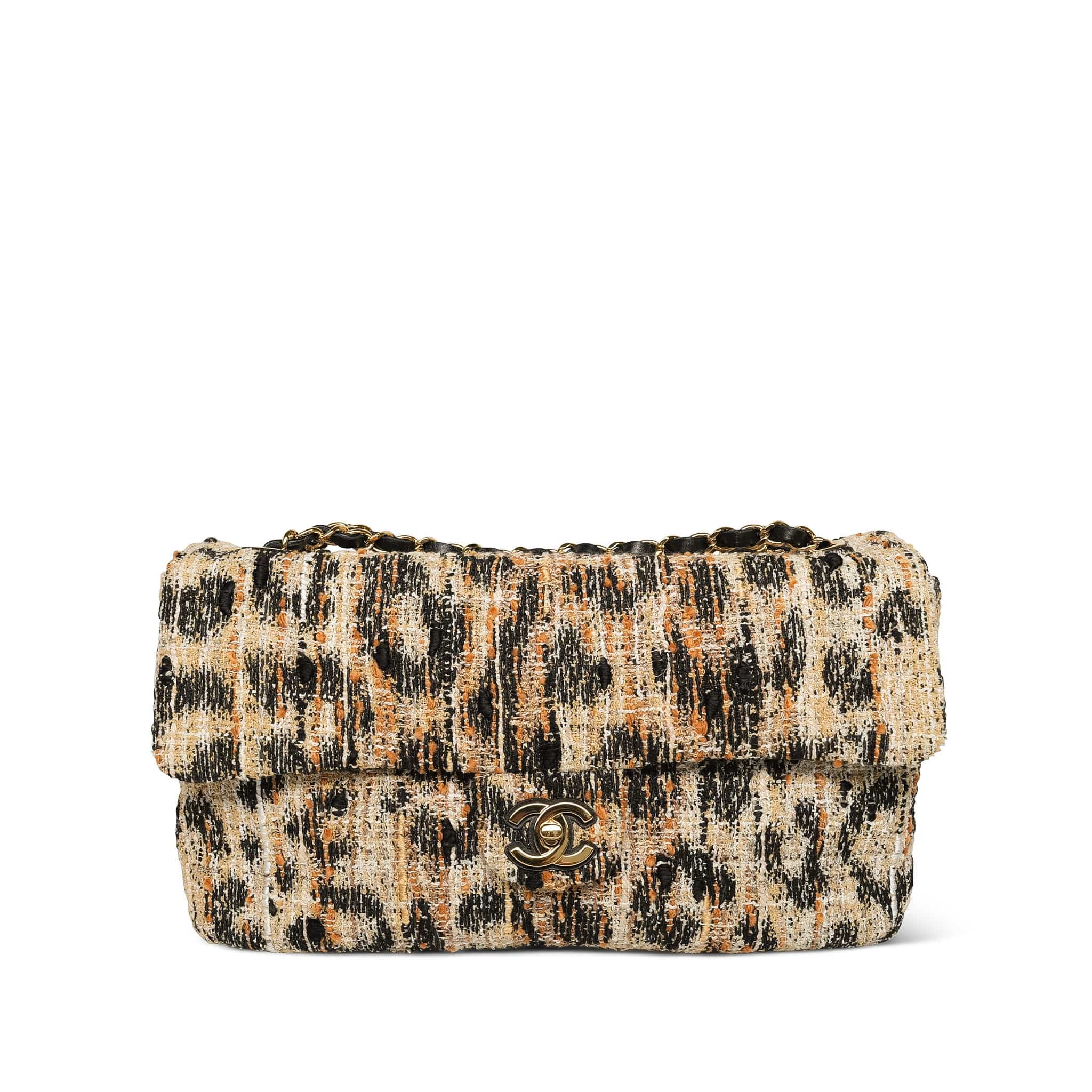 Product image 2 of 13: Leopard Print Tweed Souplissimo Maxi Flap Small Light Gold Hardware