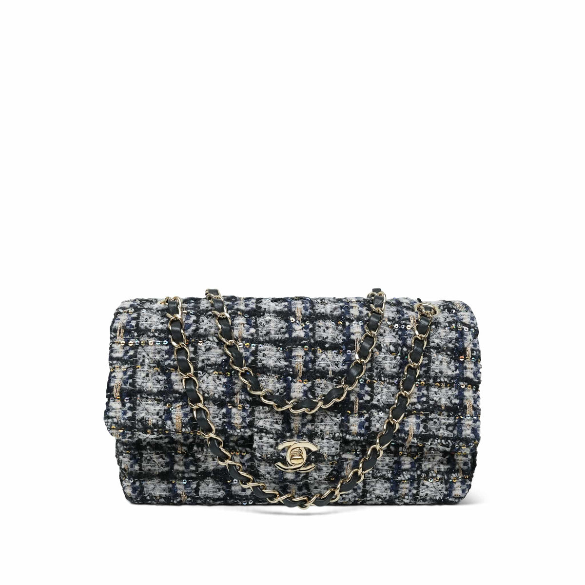 Navy/White Tweed Sequin Quilted Classic Flap Medium LGHW