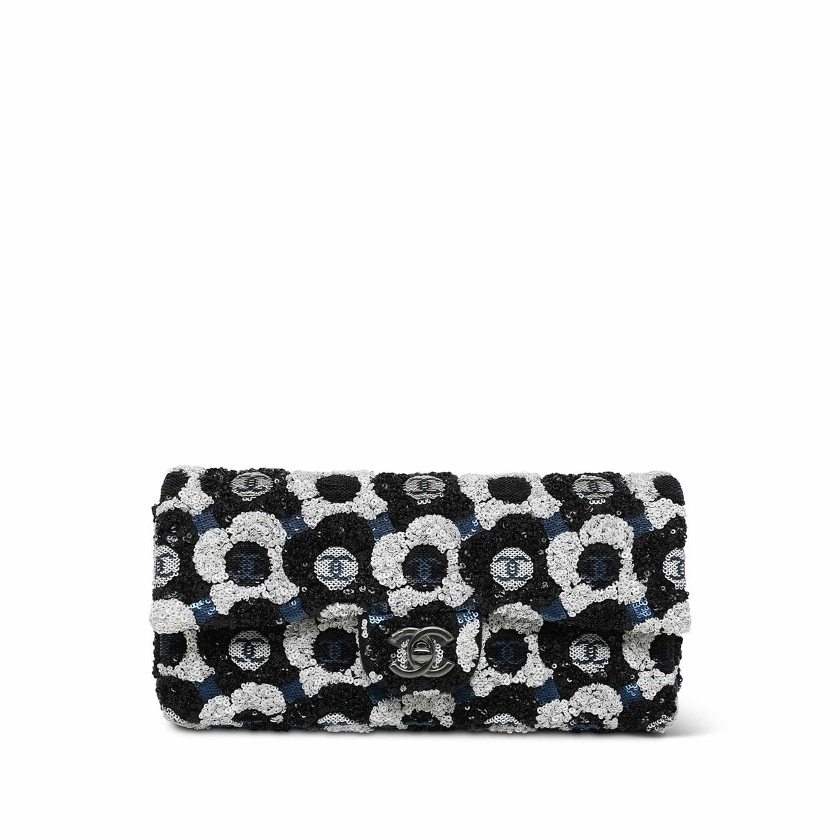 23K Navy Multicolor Floral Sequin Embellished Clutch On Chain Ruthenium Hardware