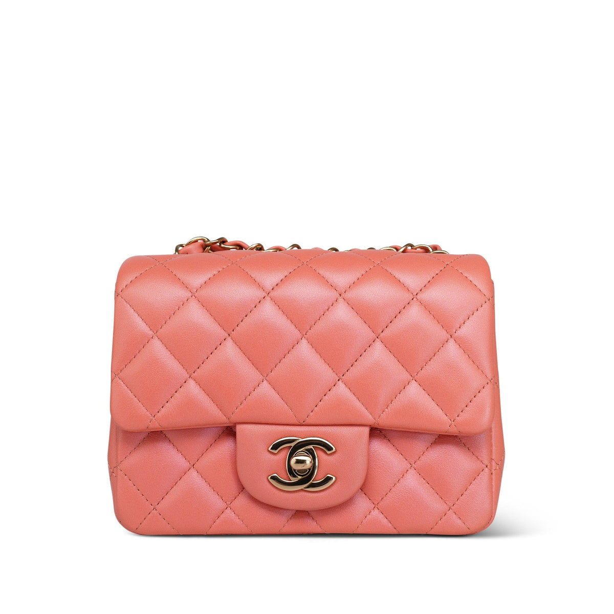 Iridescent Pink Lambskin Quilted Mini Square Flap Light Gold Hardware