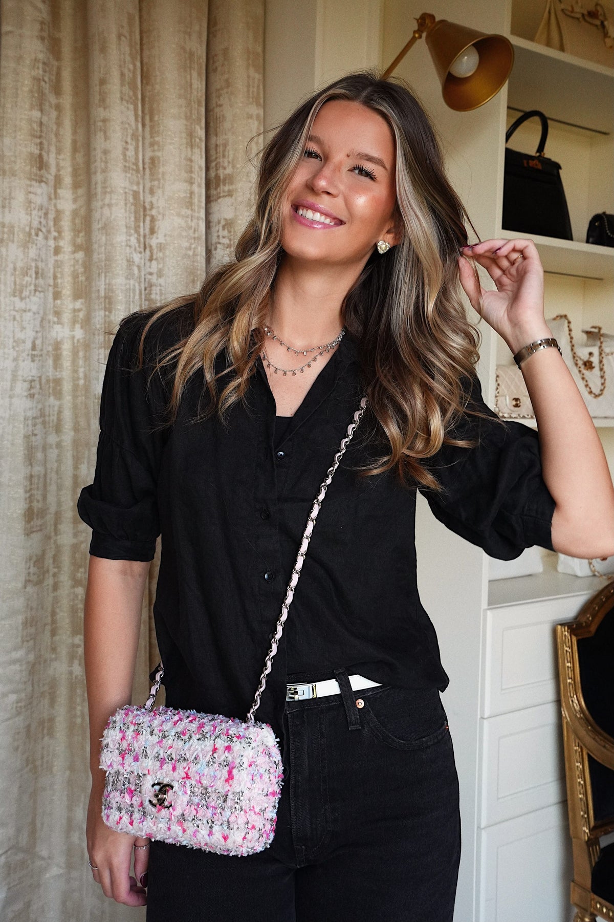 Pink/White/Tinsel Tweed Mini Rectangular Flap Silver Hardware