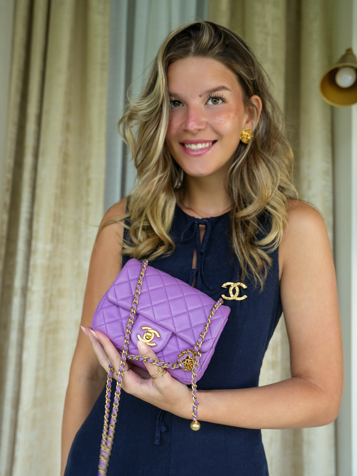 Purple Lambskin Quilted Pearl Crush Mini Square Flap AGHW