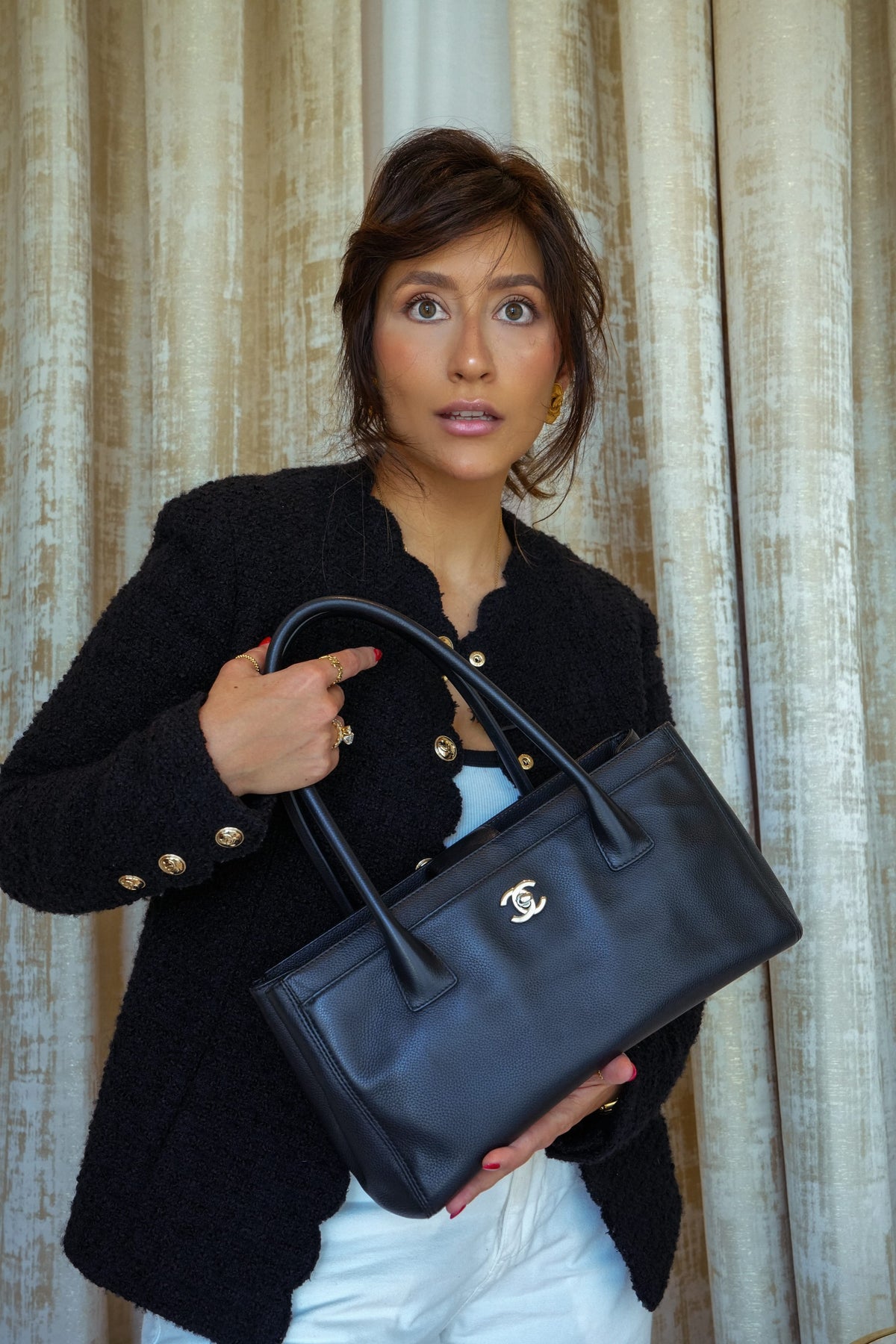 Black Grained Calfskin Cerf Executive Shopper Tote Silver Hardware