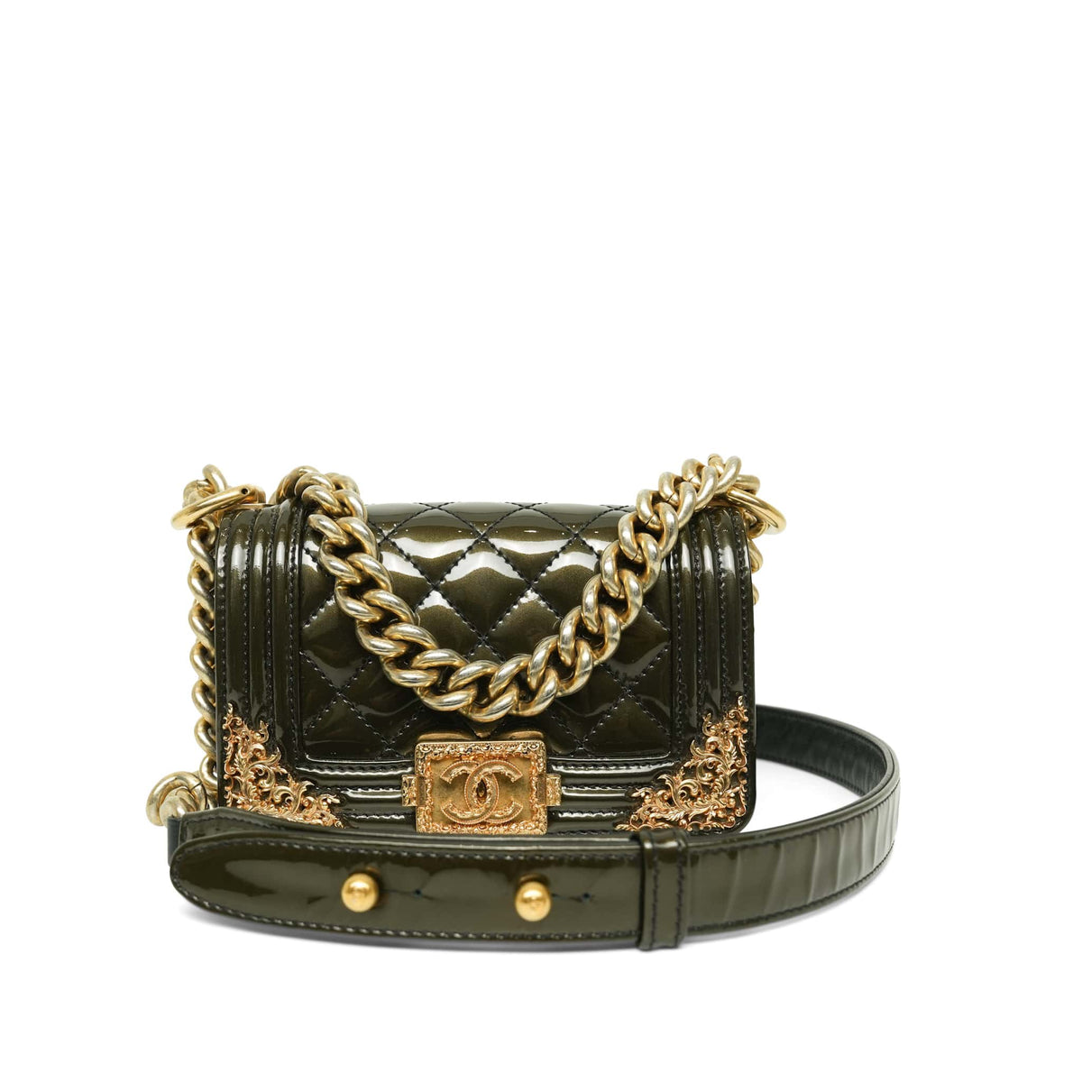 13C Dark Green Patent Quilted Versailles Boy Bag Mini AGHW