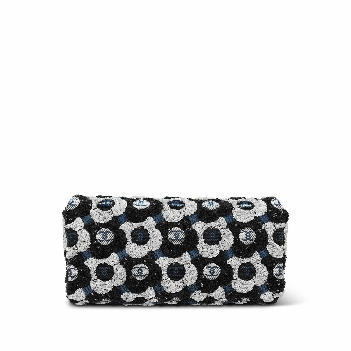23K Navy Multicolor Floral Sequin Embellished Clutch On Chain Ruthenium Hardware