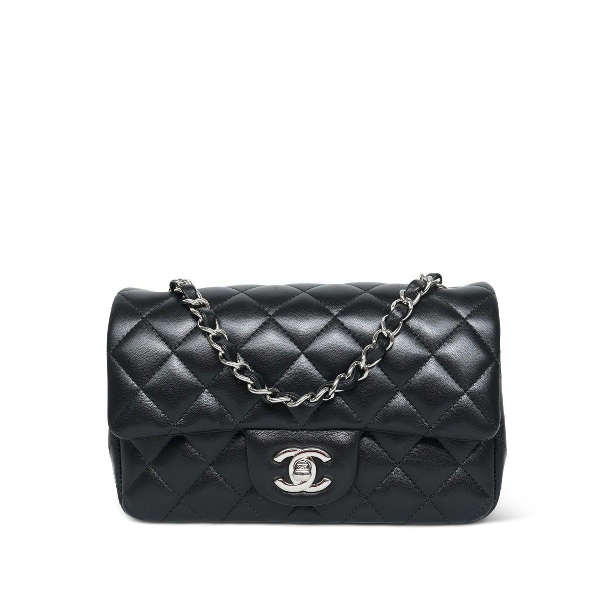 Black Lambskin Quilted Mini Rectangular Flap Silver Hardware