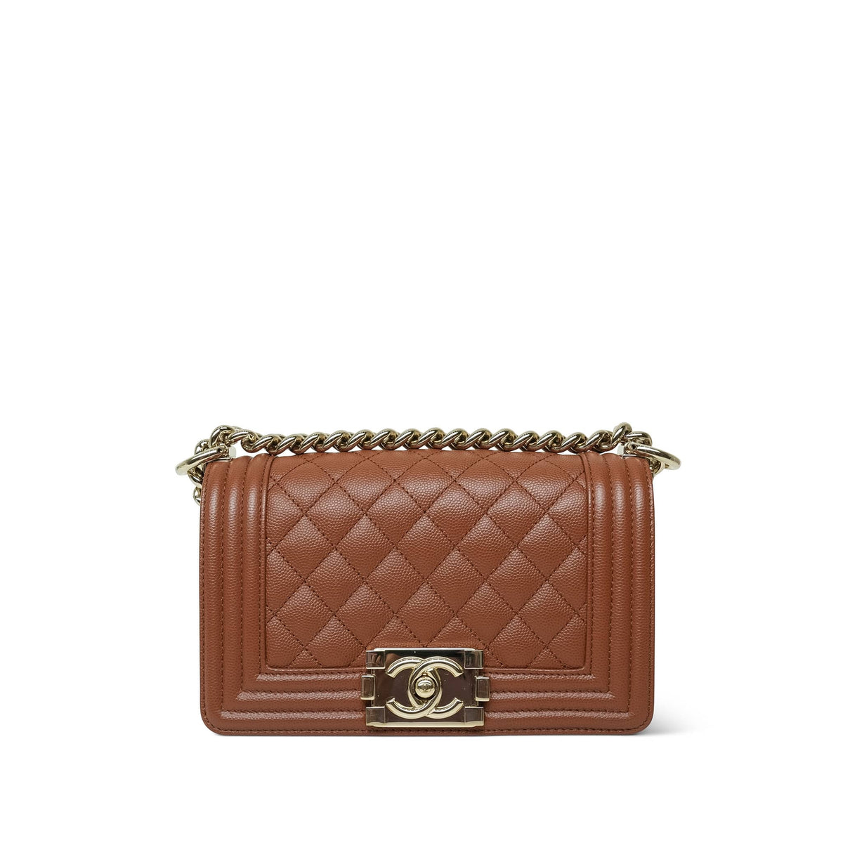 23A Light Brown Caviar Quilted Boy Bag Small Light Gold Hardware