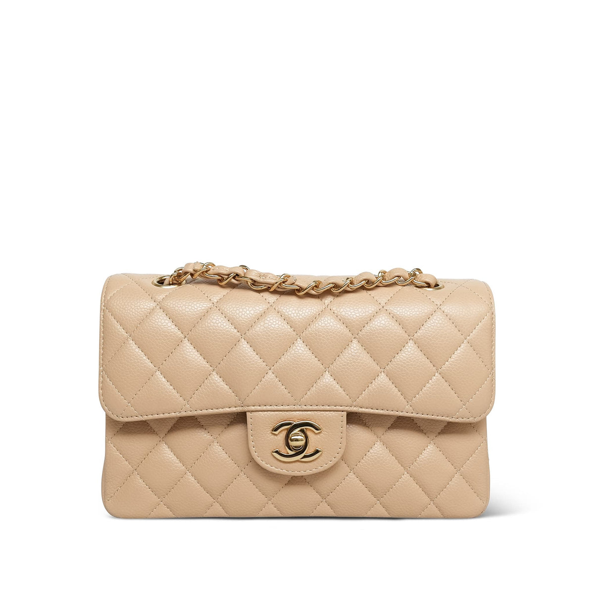 Beige Clair Caviar Quilted Double Flap Small Gold HW