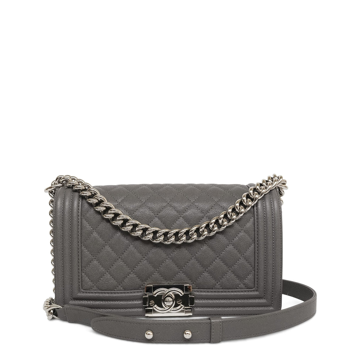 Dark Grey Caviar Quilted Boy Bag Old Medium Silver Hardware