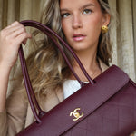 Product image 6 of 15: 26S Burgundy Grained Calfskin Quilted Urban Essentials Shopping Bag Small Gold Hardware