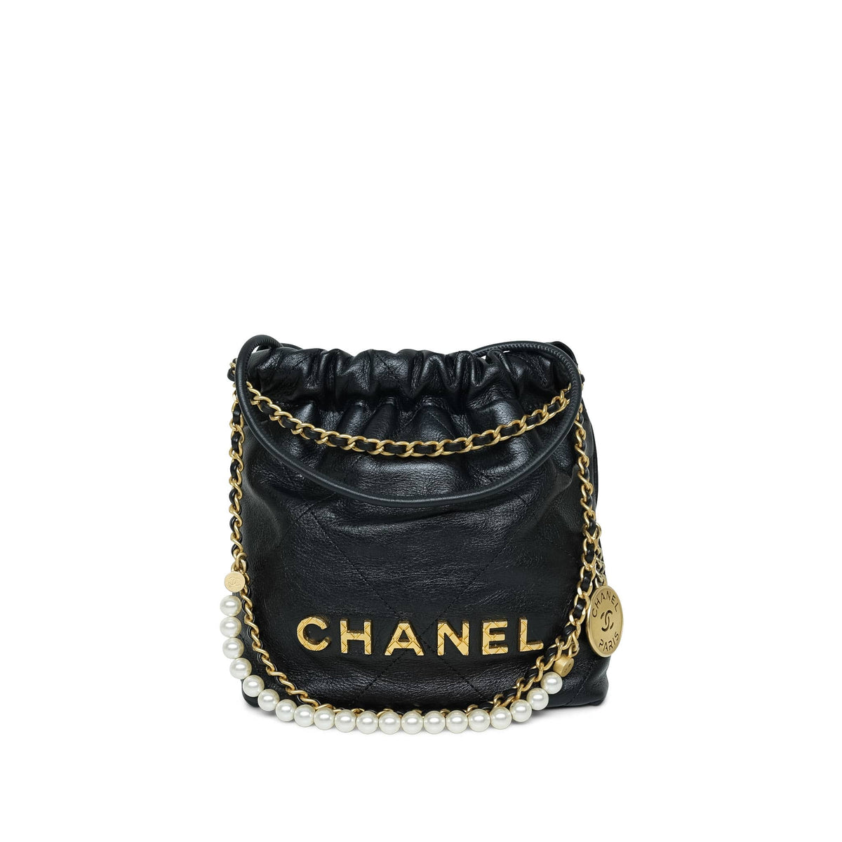 Black Crumpled Calfskin Quilted Mini 22 Pearl Strap Hobo Bag Aged Gold Hardware