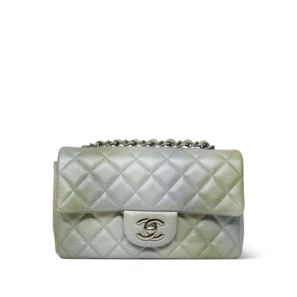 22C Metallic Green Ombre Goatskin Quilted Mini Rectangular Flap Silver Hardware