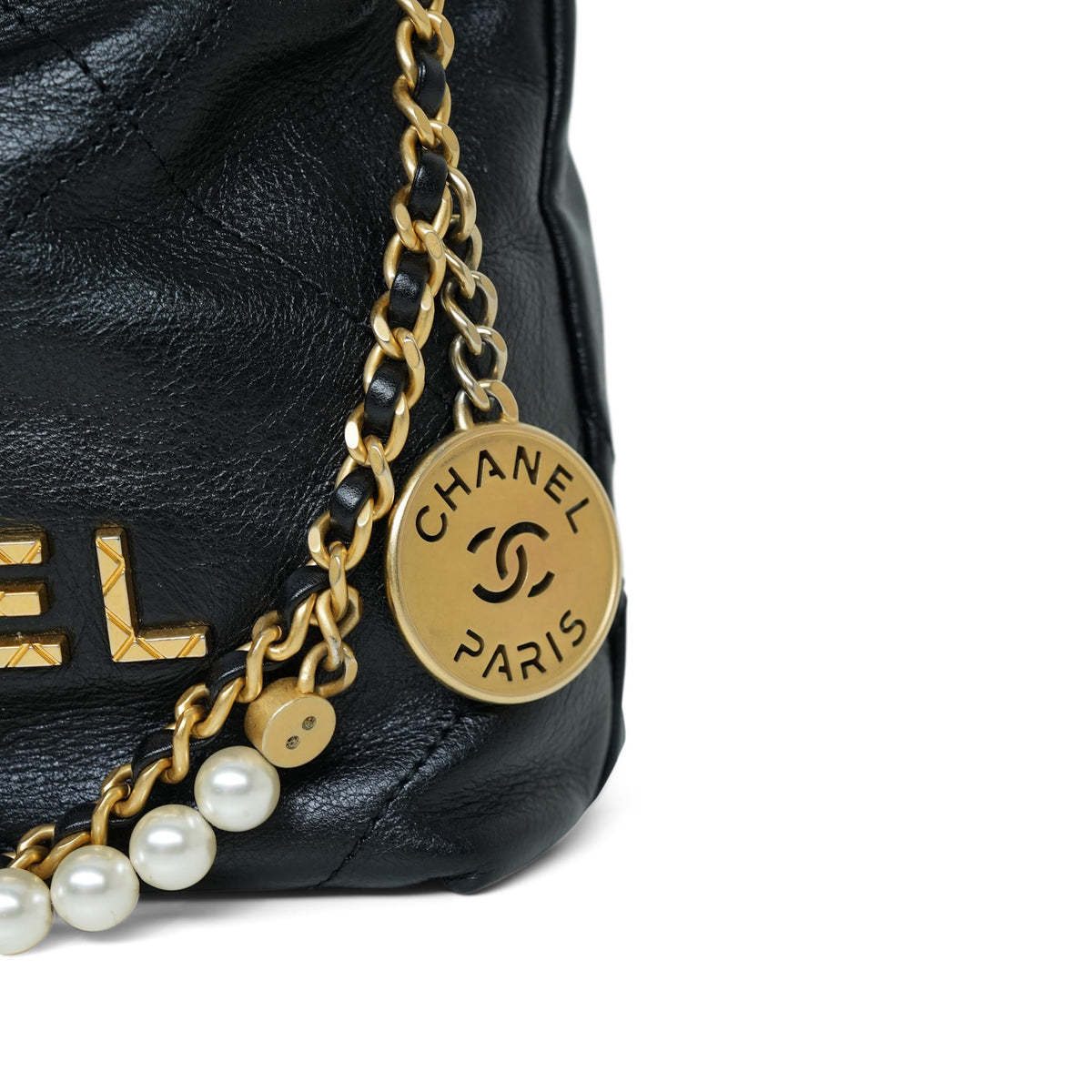 Black Crumpled Calfskin Quilted Mini 22 Pearl Strap Hobo Bag Aged Gold Hardware