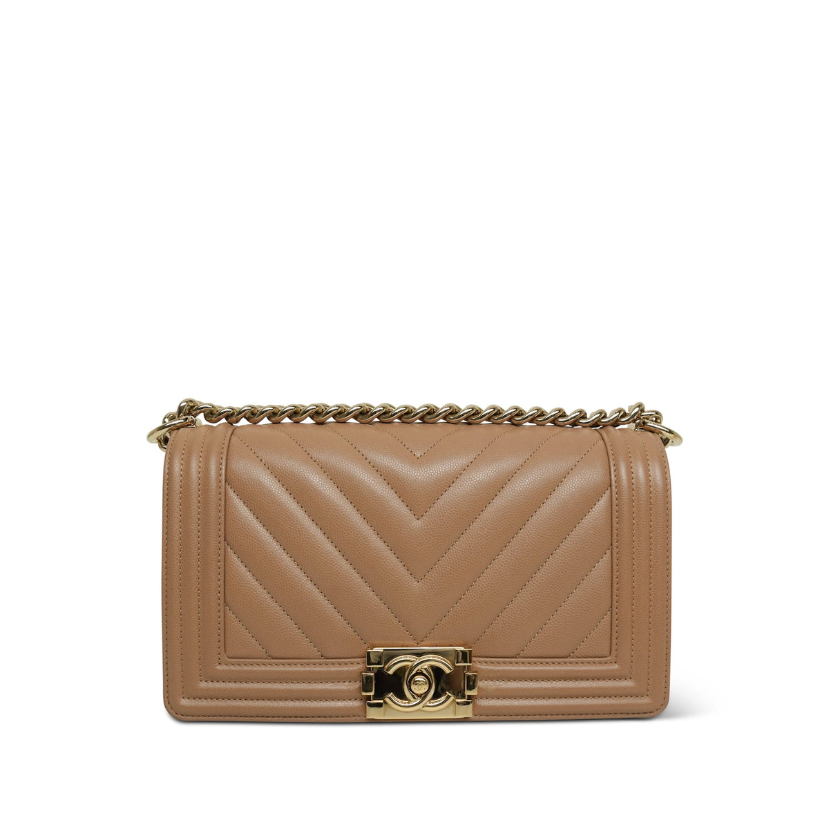 22B Dark Beige Caviar Chevron Boy Bag Old Medium Light Gold Hardware
