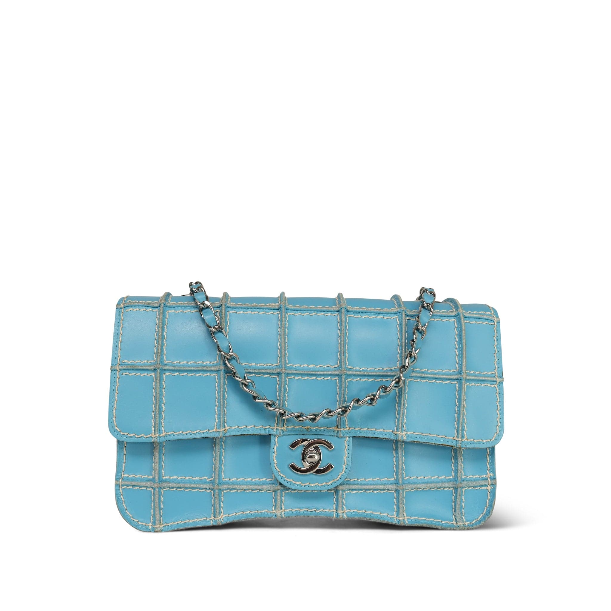 Blue Reverse Stitch Calfskin Quilted Single Flap Bag Silver
