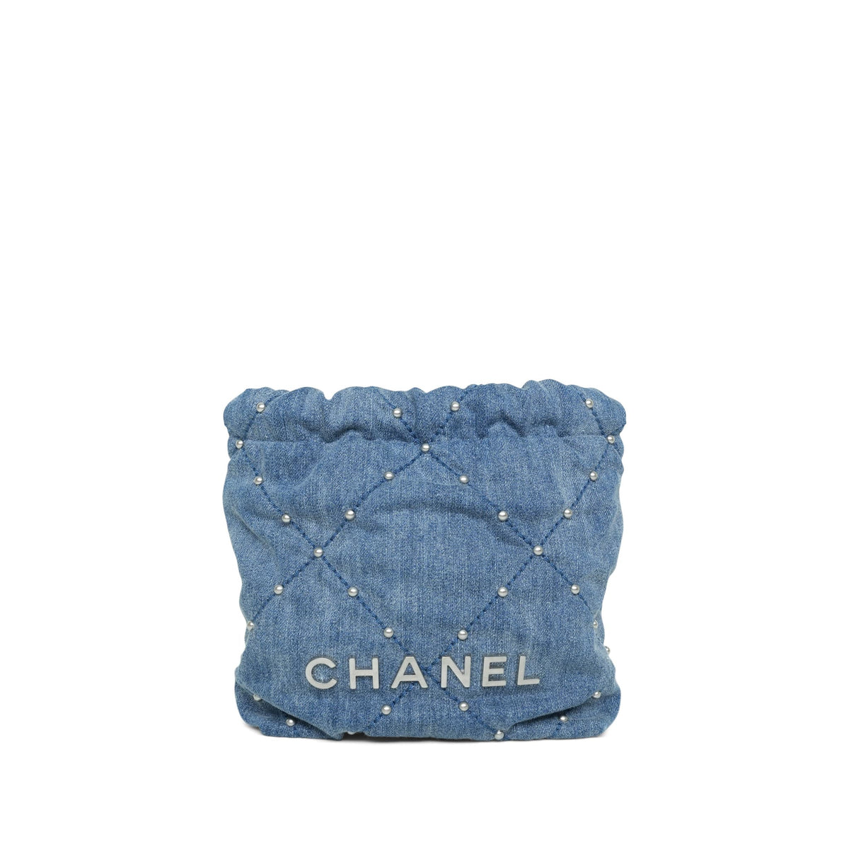Blue Denim Quilted Studded Mini 22 Hobo Bag Aged Silver Hardware