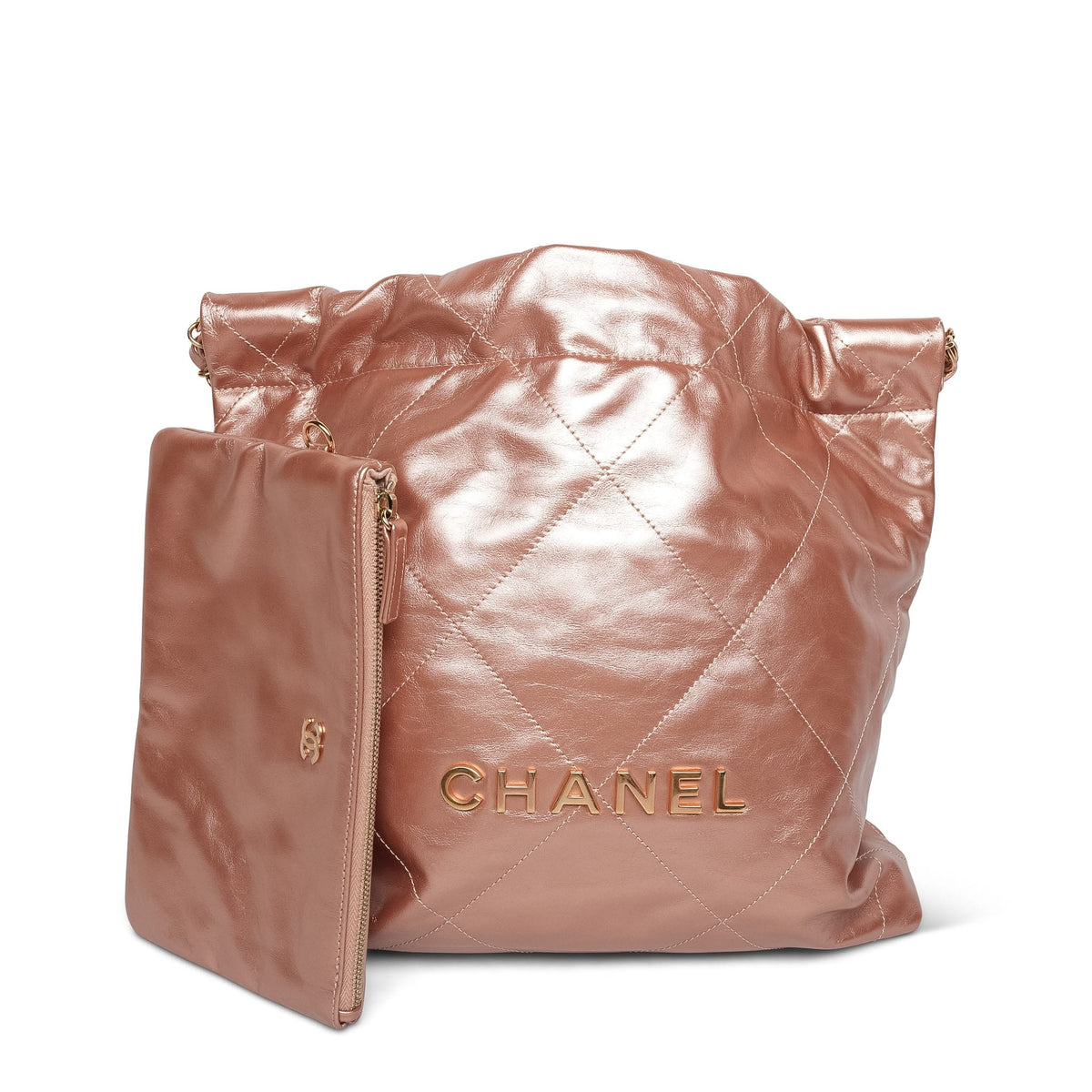Pink Metallic Crumpled Calfskin Quilted 22 Hobo Bag Small Rose Gold Hardware