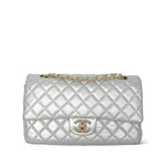 Product image 3 of 28: Silver Metallic Calfskin Quilted Classic Flap Medium Aged Gold Hardware