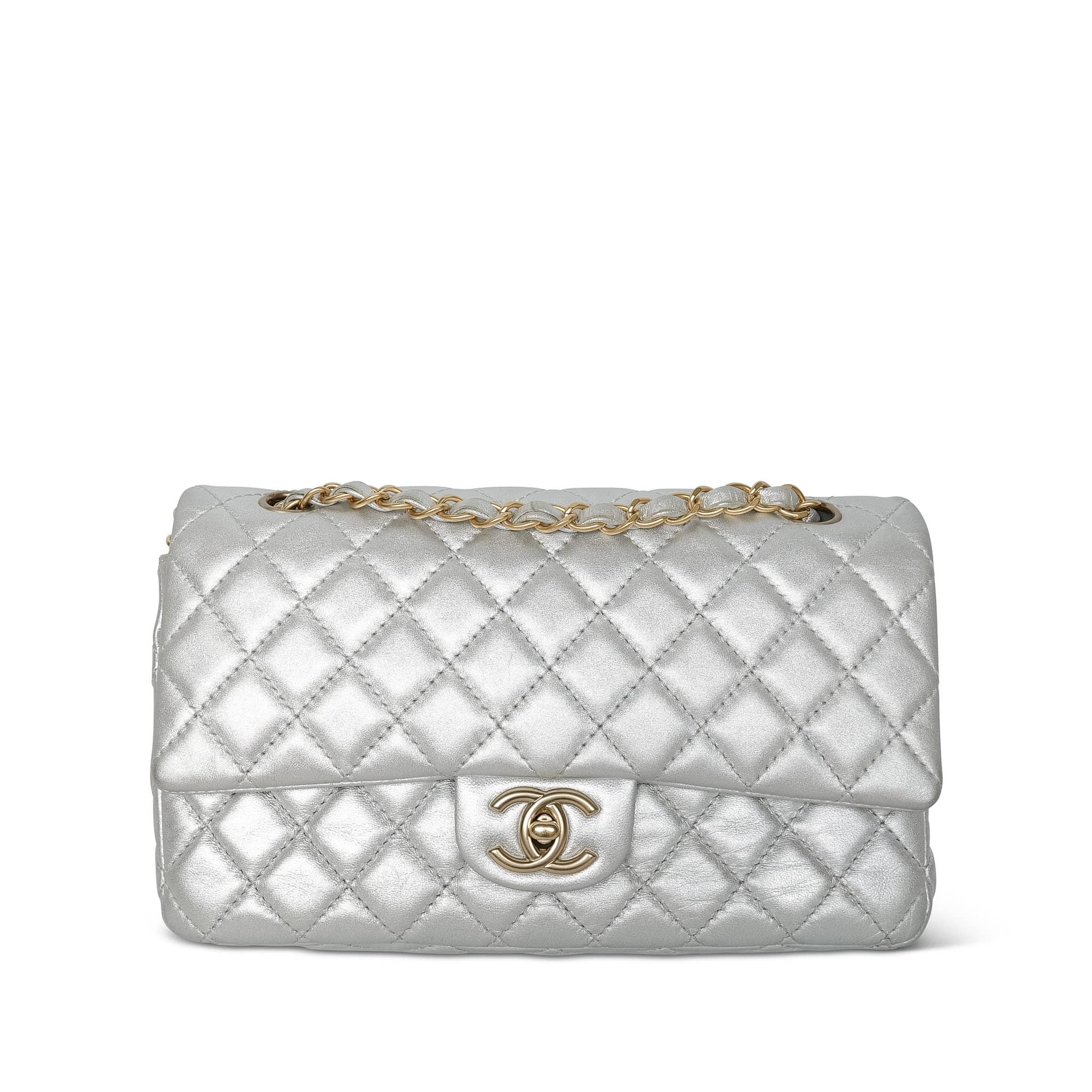 Product image 3 of 28: Silver Metallic Calfskin Quilted Classic Flap Medium Aged Gold Hardware