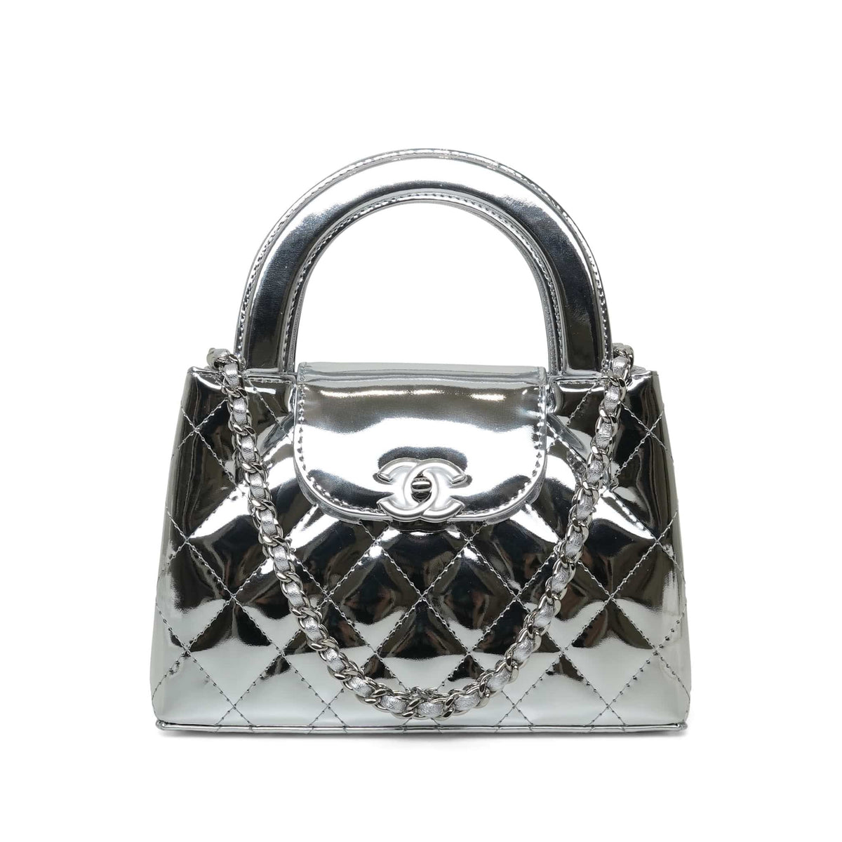26C Silver Metallic/Mirror Calfskin Quilted Kelly Shopper Small Silver Hardware