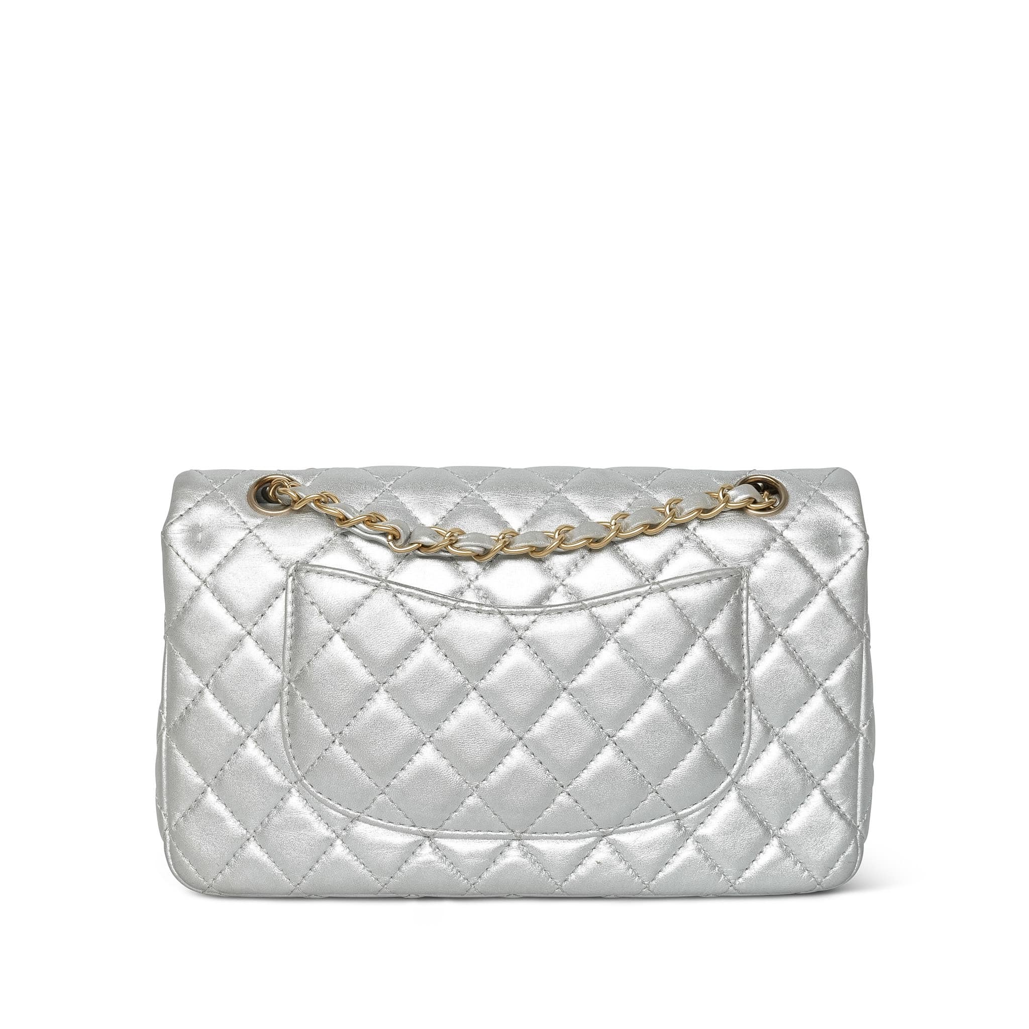Product image 5 of 28: Silver Metallic Calfskin Quilted Classic Flap Medium Aged Gold Hardware