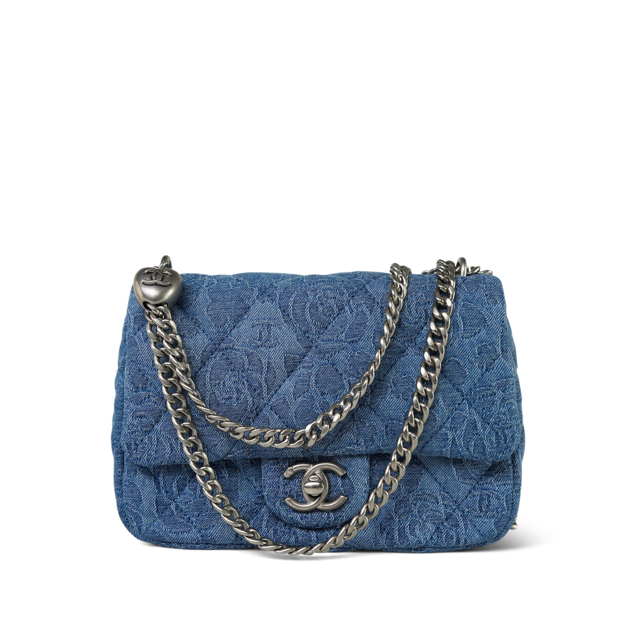 23P Blue Denim Quilted Camellia Mini Sweetheart Single Flap Bag