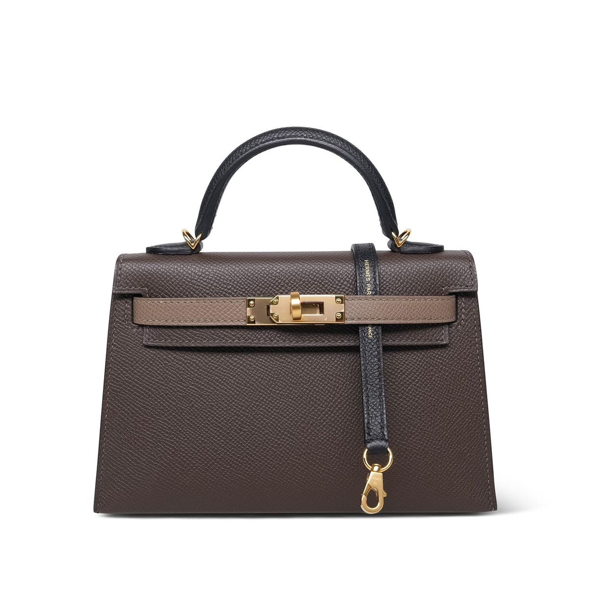Mini Kelly Sellier Tri-Color Ecorce Etoupe Black Epsom Gold Plated B Stamp