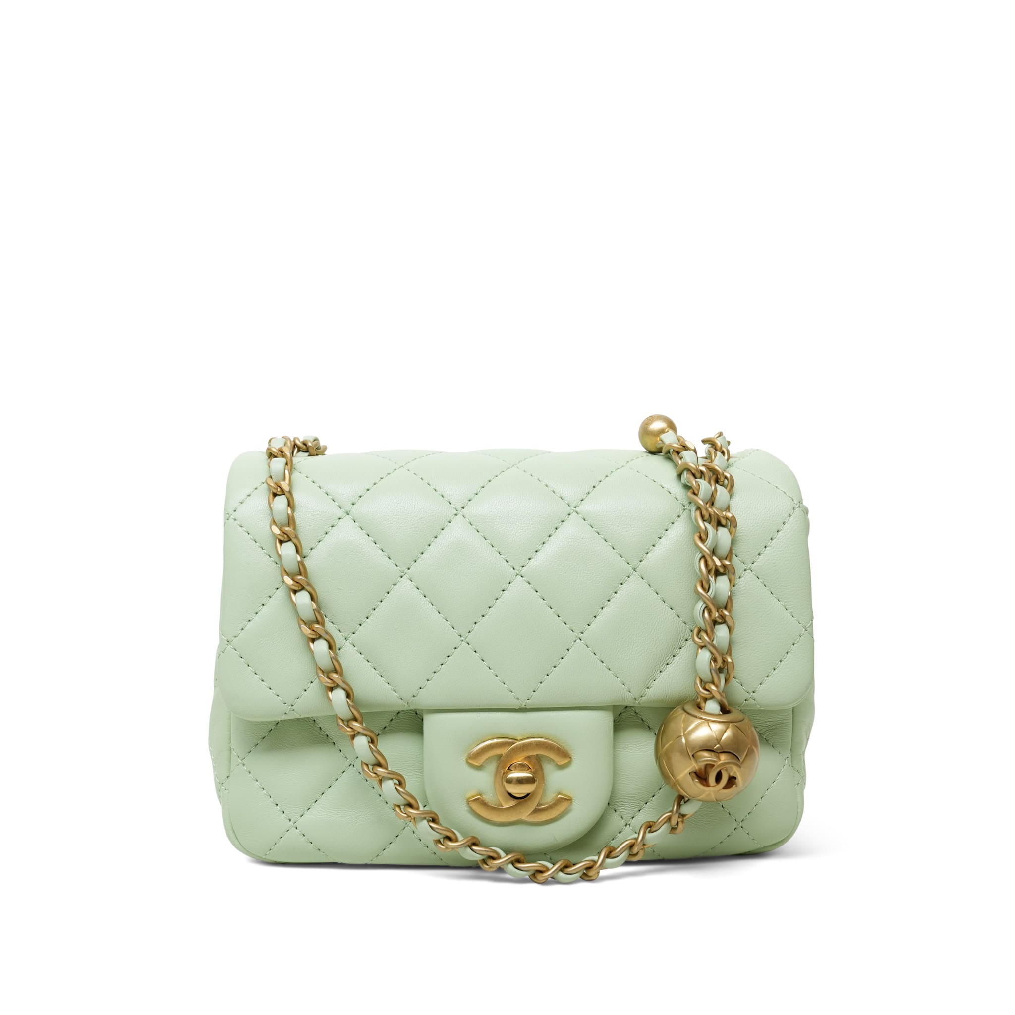 Light Green Lambskin Quilted Pearl Crush Mini Square Flap AGHW