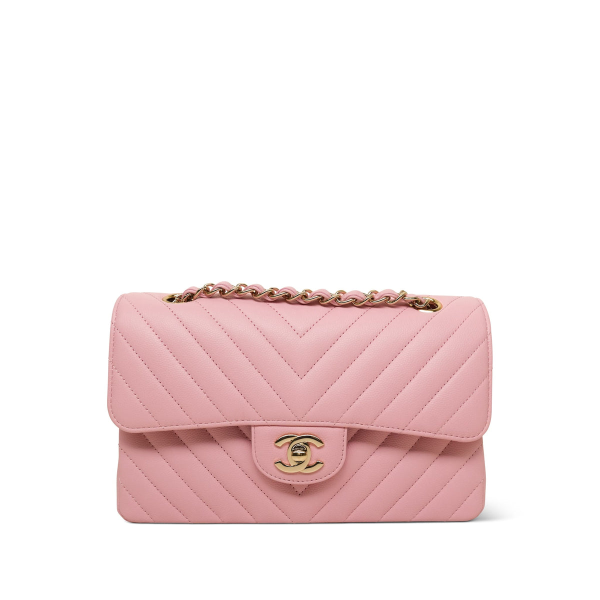 21S Sakura Pink Chevron Classic Flap Small Light Gold Hardware