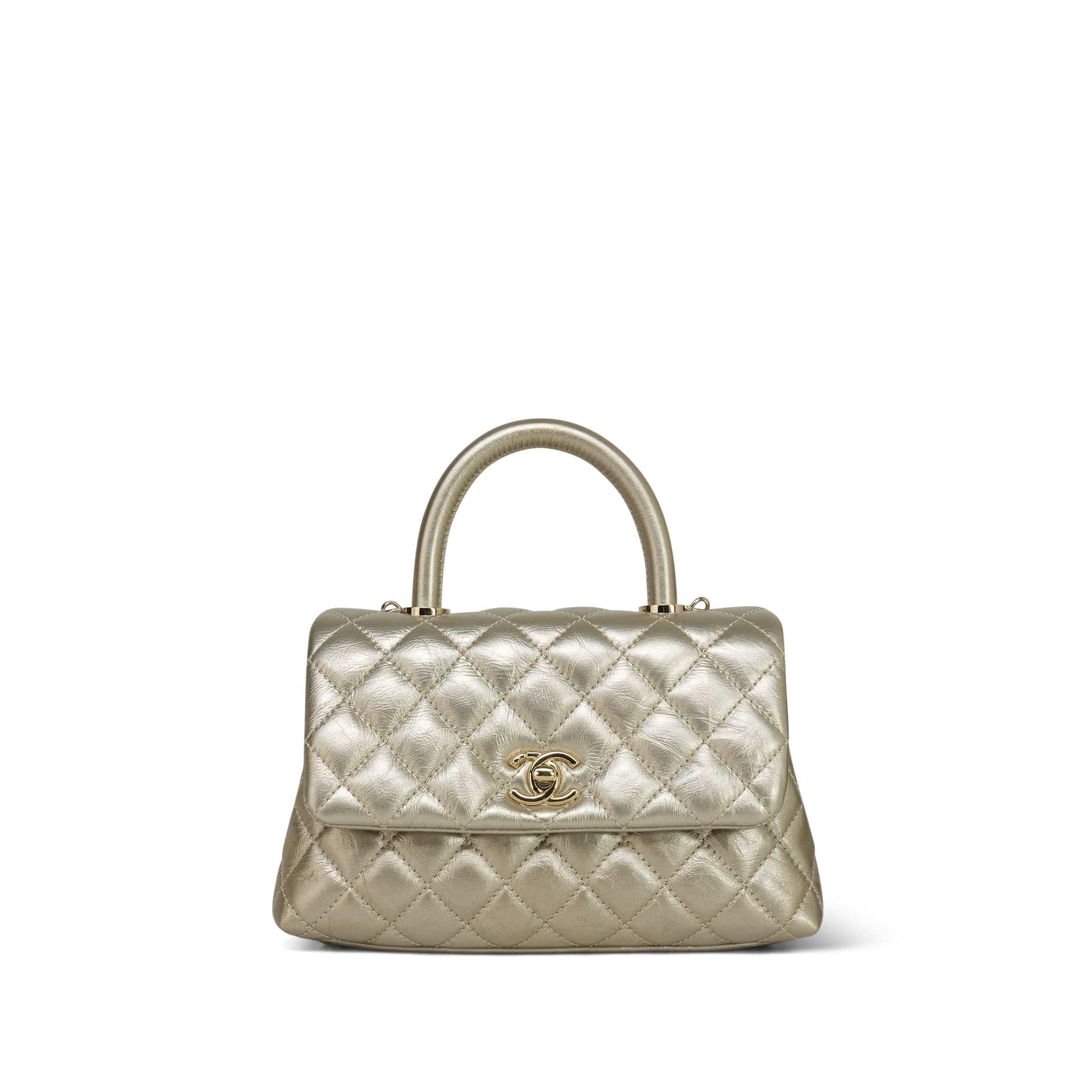 Gold Metallic Aged Calfskin Quilted Coco Handle Small Light Gold Hardw ...