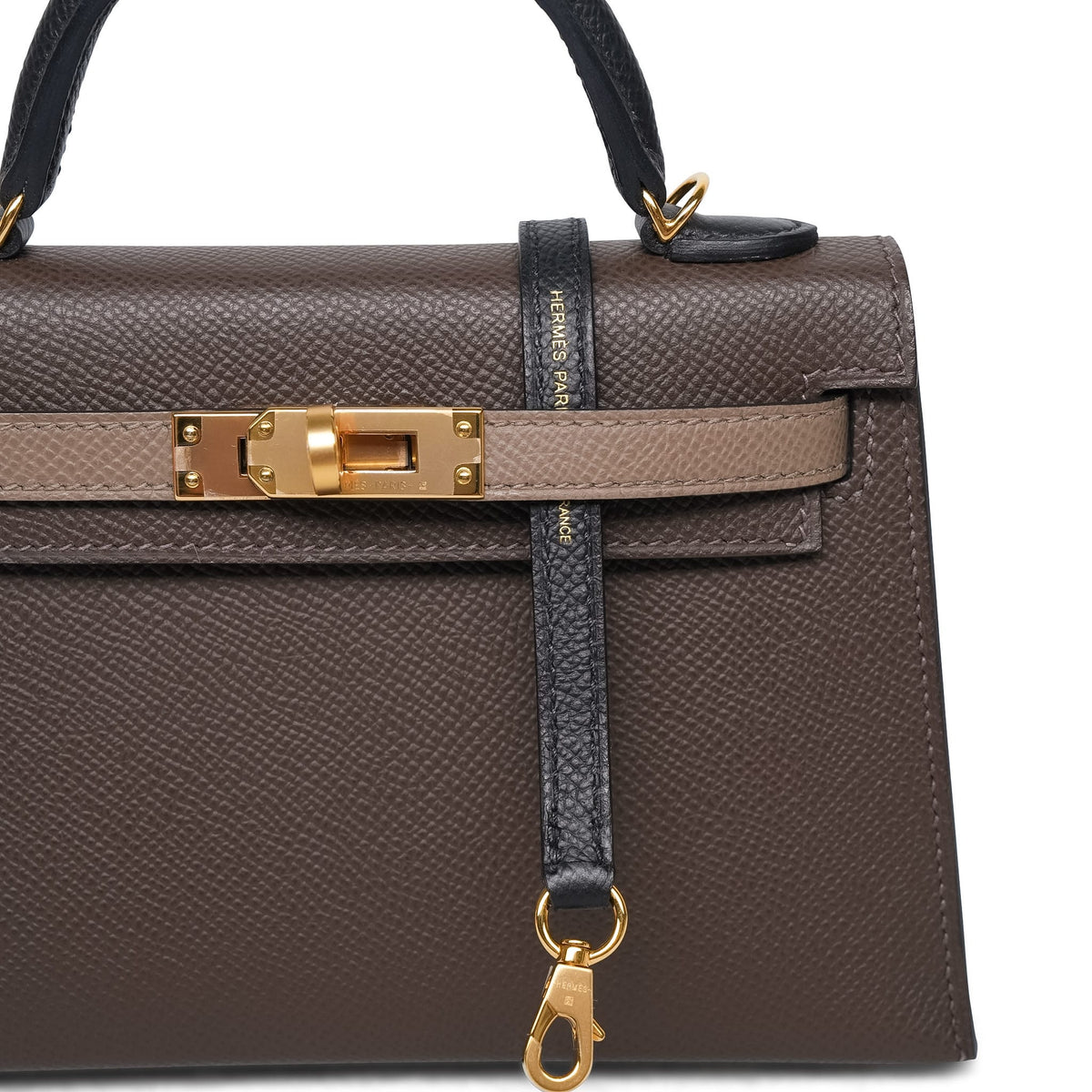 Mini Kelly Sellier Tri-Color Ecorce Etoupe Black Epsom Gold Plated B Stamp