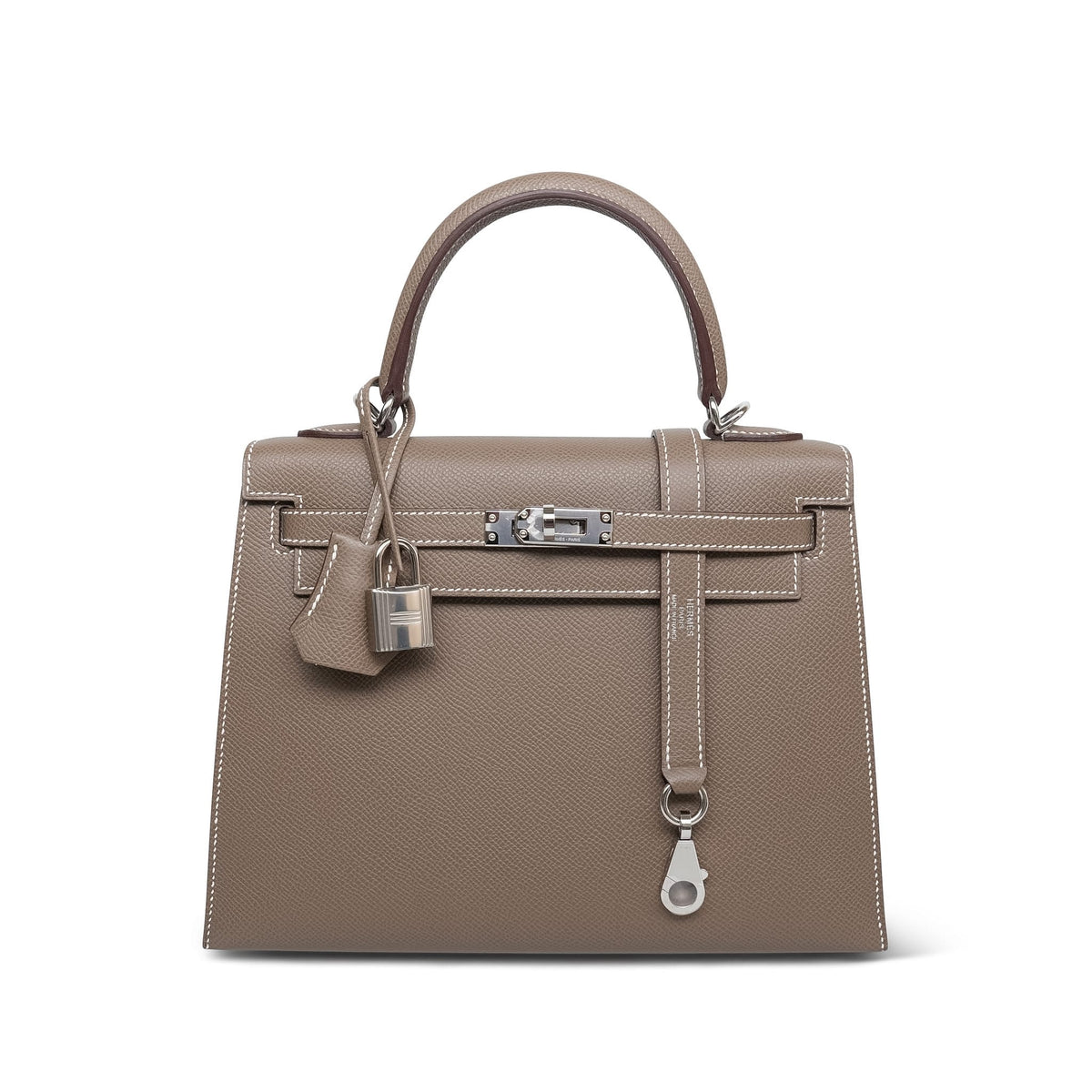 Kelly Sellier 25 Etoupe Epsom Palladium Plated G Stamp